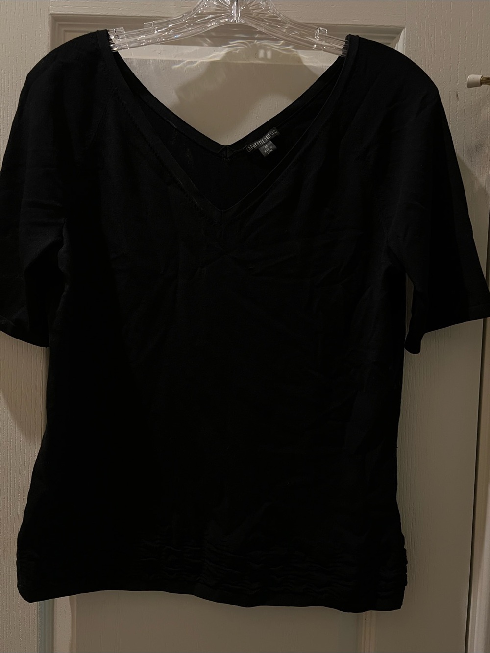 Lafayette 148 New York, silky, stretchy black v neck top, size medium